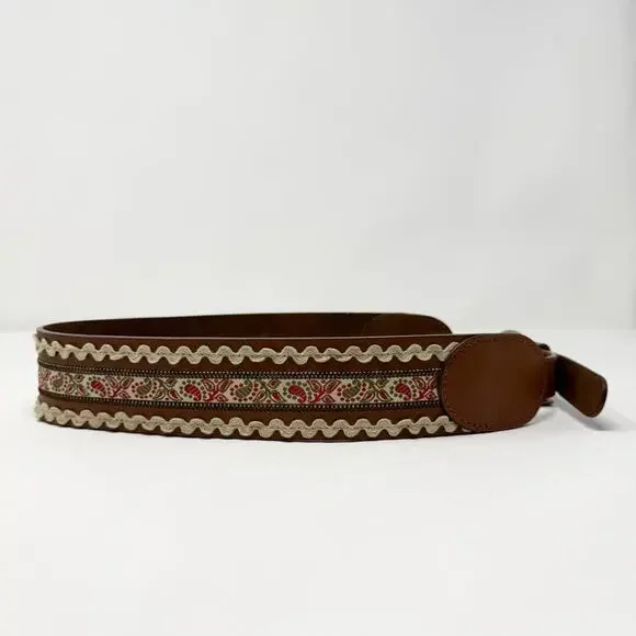 Brown Leather Folk Belt Paisley Fabric Rickrack Festival Ren Faire Peasant Sz M - Picture 5 of 12